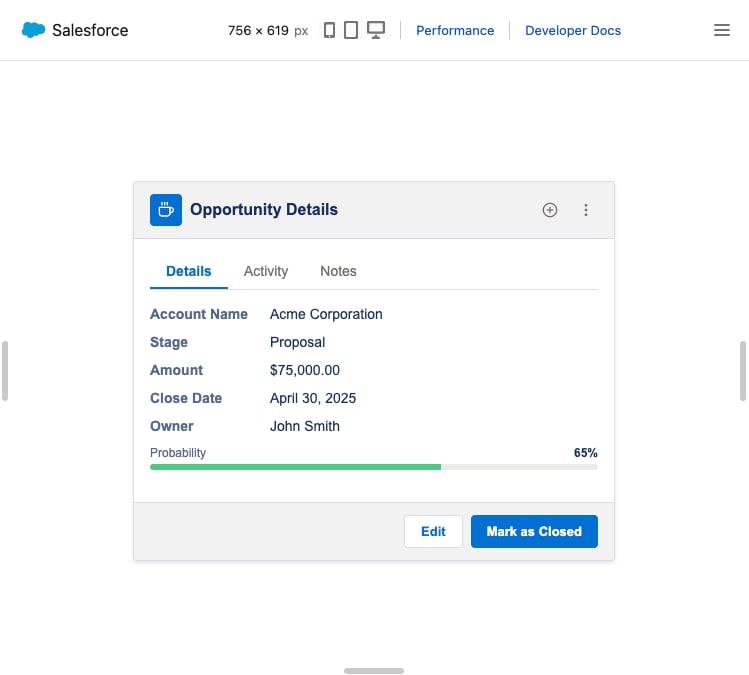 Salesforce Live Preview showing a single Lightning web component in the browser