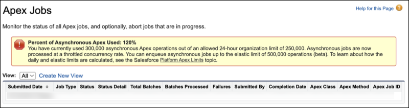 Salesforce Apex Jobs banner showing async Apex usage over the licensed daily limit